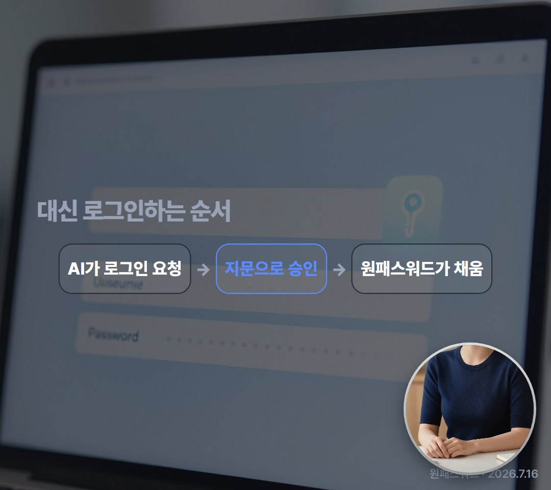 원패스워드는 이렇게 풀었어요. AI가 로그인 화면에서 멈추고, 내가 지문으로 승인하면, 원패스워드가 직접 채워 넣어요.