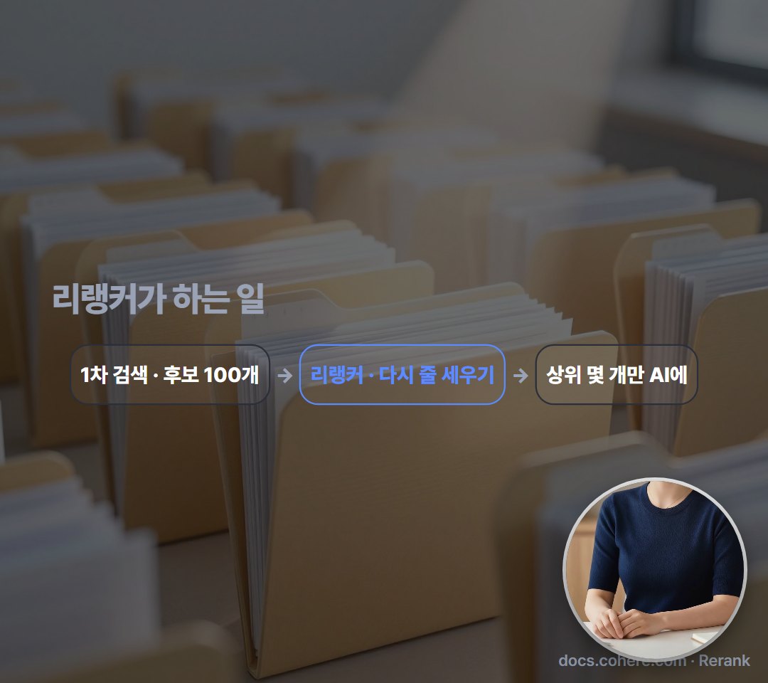 보통 검색은 비슷해 보이는 문서를 넉넉히 뽑아요. 리랭커는 그중 질문과 진짜 관련 있는 순서로 다시 줄을 세워, 위쪽 몇 개만 AI에 넘기죠.