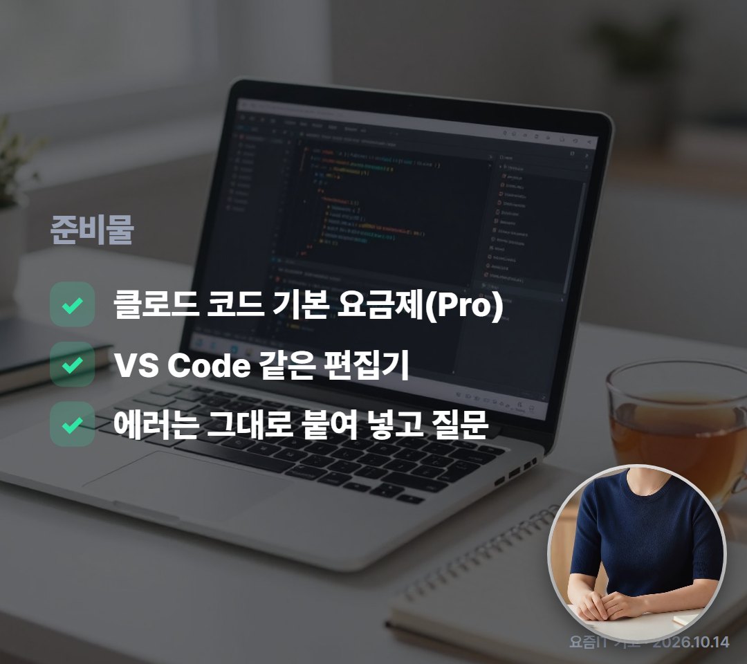 도구는 클로드 코드 기본 요금제와 편집기 하나면 돼요. 에러가 나면 메시지를 그대로 붙여 넣고 물어보면 되고요.